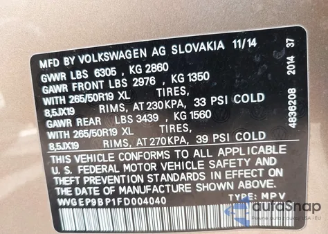 2015 Volkswagen Touareg Tdi Lux from USA, damaged, VIN WVGEP9BP1FD004040